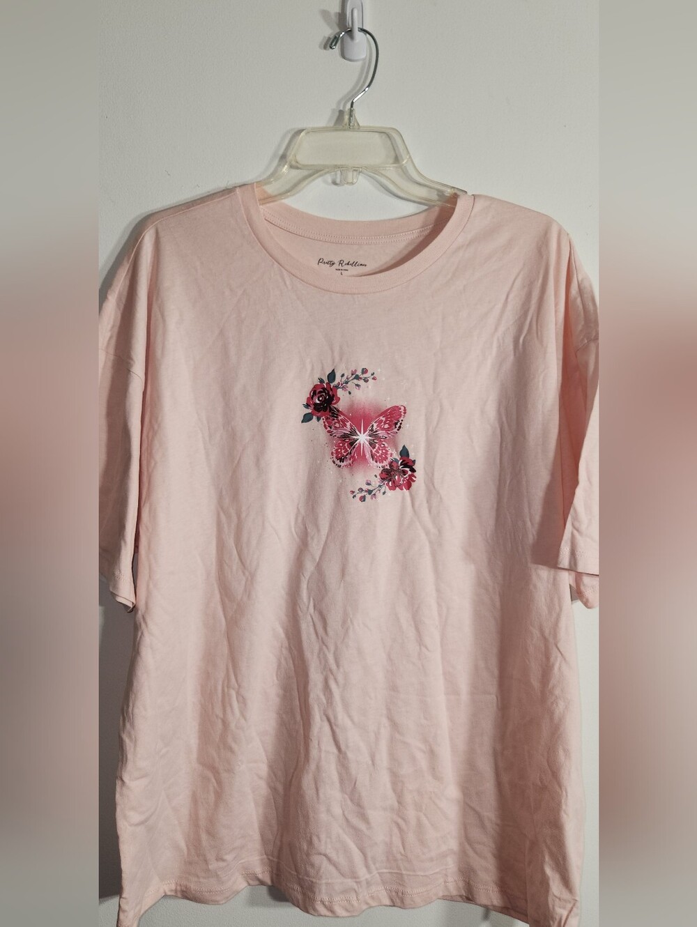 Pretty Rebellious Blush Pink Crewneck Tee Butterflies & Sparkly Roses Large.